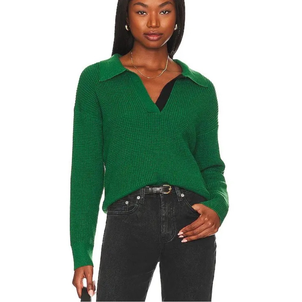 MONROW Women's Supersoft Knit Waffle Polo Size S in Deep Forest